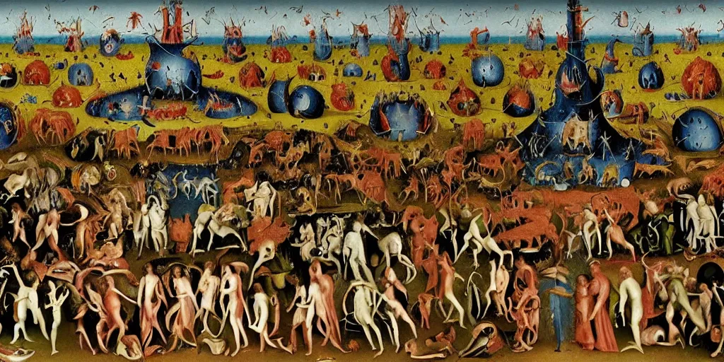 Image similar to A scene from hell, Garden of Earthly Delights painting style.