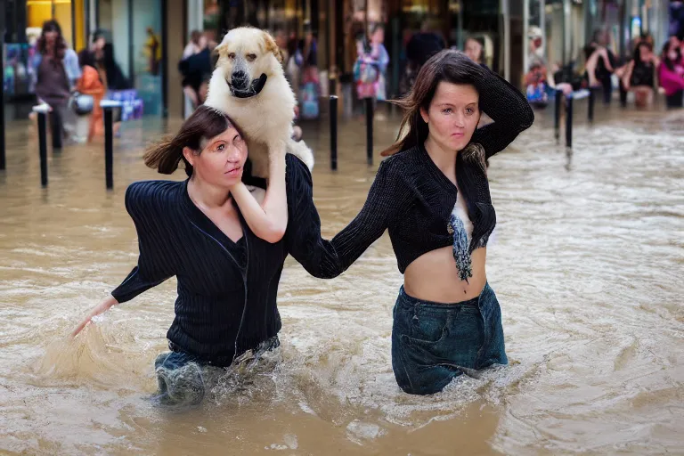 Prompt: closeup portrait of a woman carrying a dog over her head in a flood in Rundle Mall in Adelaide in South Australia, photograph, natural light, sharp, detailed face, magazine, press, photo, Steve McCurry, David Lazar, Canon, Nikon, focus