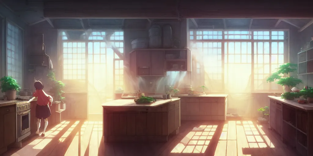 Image similar to interior background art, bright window lit kitchen, morning, steaming food on the stove, wooden floors, houseplants, cottage decor, gapmoe yandere grimdark, trending on pixiv fanbox, painted by greg rutkowski makoto shinkai takashi takeuchi studio ghibli, akihiko yoshida