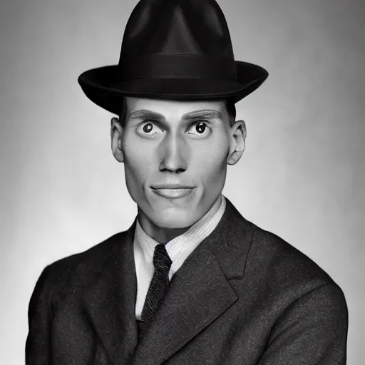 Image similar to A photograph portrait of Jerma985 wearing a suit with and fedora in the 1940s, taken in the early 1940s, grainy, taken on a 940s Kodak Camera, realistic, hyperrealistic, very realistic, highly detailed, very detailed, extremely detailed, detailed, digital art, trending on artstation