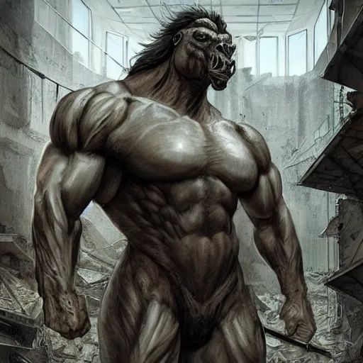 Prompt: a titanically muscular anthropomorphized horse with a magnificently massive physique wearing a tight kevlar standing in the ruins of a facility, equine, highly detailed, digital painting, artstation, sharp focus, game art, concept art, illustration, art by artgerm, greg rutkowski, wlop