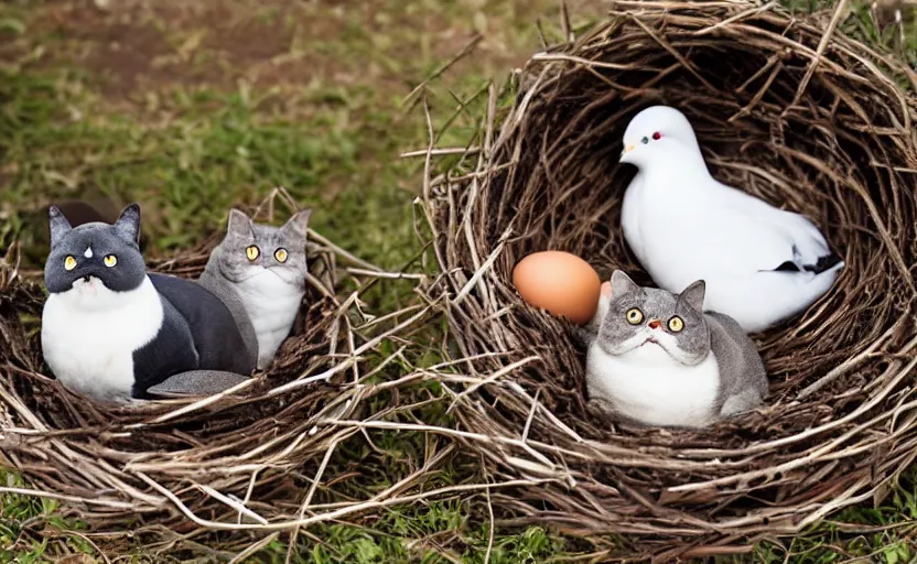 Image similar to A pigeon and an exotic shorthair cat guarding eggs in a nest, eggs, birds, nest is made of sticks, national geographic, odd, depth of field, photorealistic