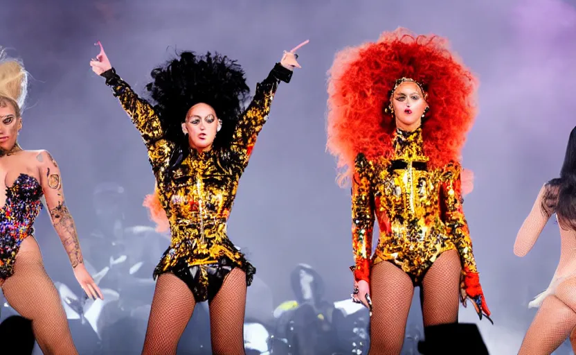 Image similar to IMG_975.raw, lady gaga and beyonce perform together on stage at a concert ,beautiful composition, alexander mcqueen, colourful , 50mm f1.8, ambient light