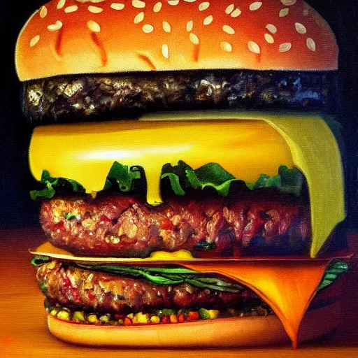 Image similar to oil painting of a burger made by greg rutkowsky, creepy, horror, dramatic light, nightmare,