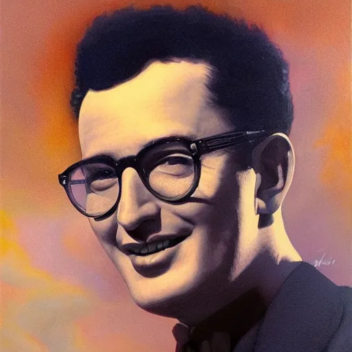 Image similar to UHD tonalism cosmic painting of Buddy Holly, by Antonio Caparo and Ferdinand Knab and Greg Rutkowski, UHD, photorealistic, trending on artstation, trending on deviantart