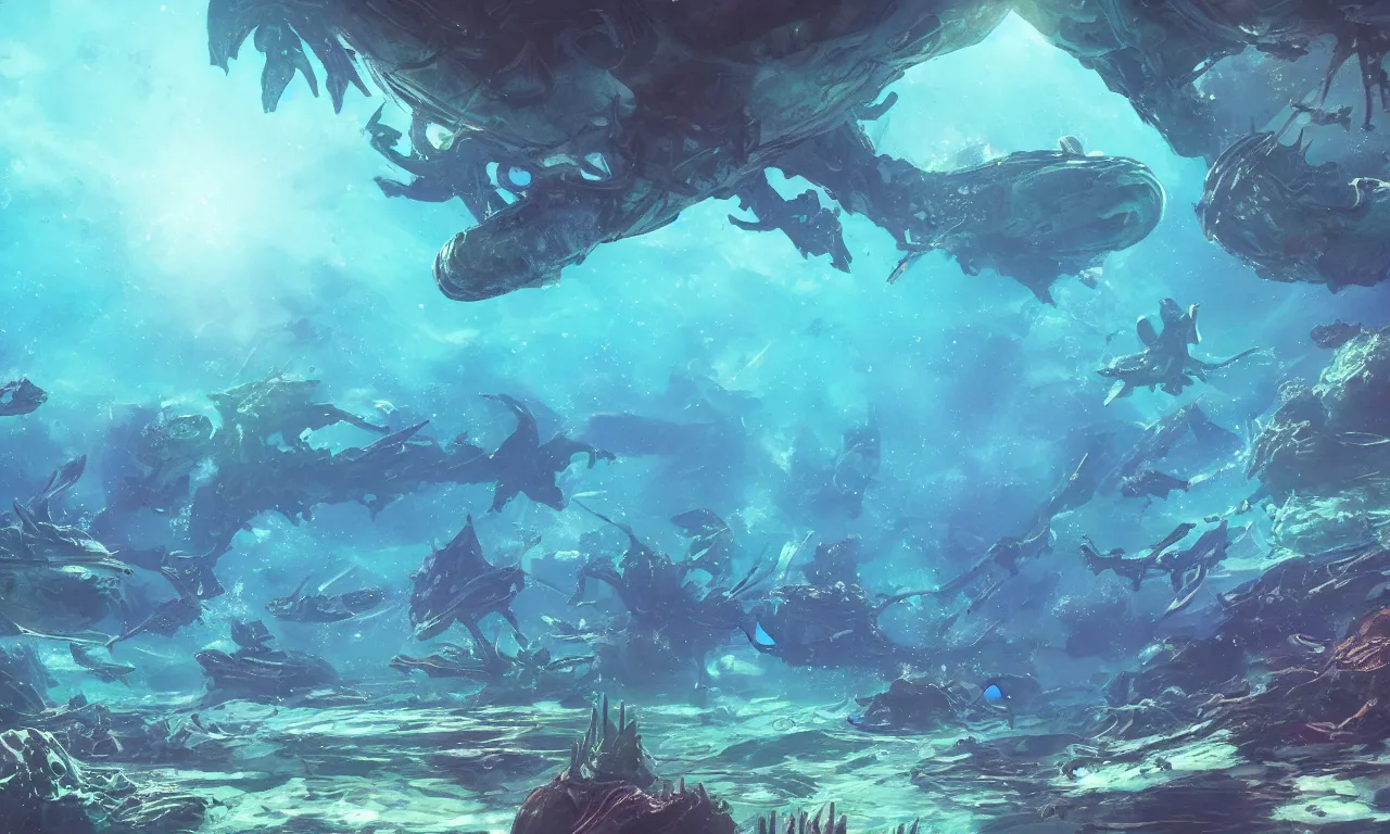 Prompt: Alien world underwater on the ocean bed, deep blue water color, cinematic perspective, slight plant life around, matte painting, Artstation