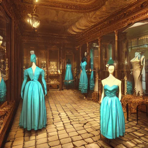 Image similar to scene in a victorian era trafalgar dress shop, turquoise dress on a manikin, cobbled laneway, ambient lighting, cinematic quality, high octane, vray render, subsurface scatter, drum scanner intricate complexity, golden ratio, kojima, amano, charlie bowater museum piece, fine art