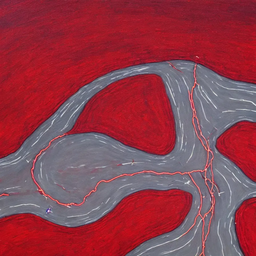 Image similar to painting of highway roads that are like blood arteries leading to the heart's core.