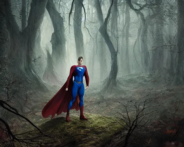 Image similar to 5 5 mm portrait photo of a undead rotting superman in a magical forest. magical atmosphere. art by greg rutkowski and luis royo. highly detailed 8 k. intricate. lifelike. soft light. nikon d 8 5 0.