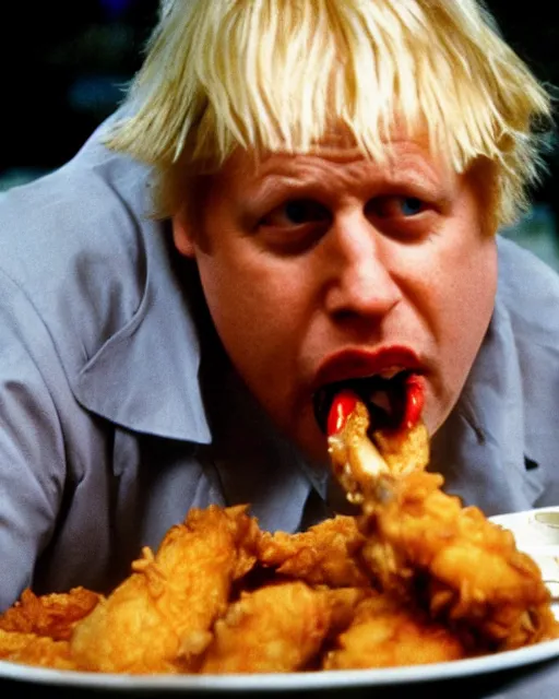 Image similar to film still close - up shot of boris johnson eating fried chicken from the movie monty python's the meaning of life. photographic, photography