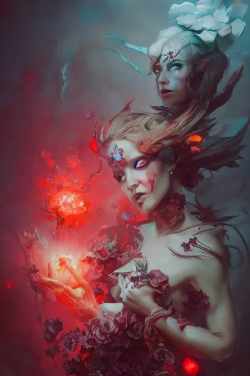 Image similar to beautiful girl necromancer covered with blood heaven clouds and storm, 3 d render, hyper realistic detailed portrait, holding magic flowers, scifi, fantasy, hyper detailed, octane render, concept art, peter mohrbacher, artgerm, ruan jia, wlop