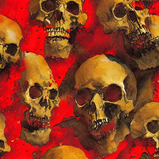 Image similar to seamless texture, red and gold, thick texture, watercolor, skulls, paul lehr, john harris,