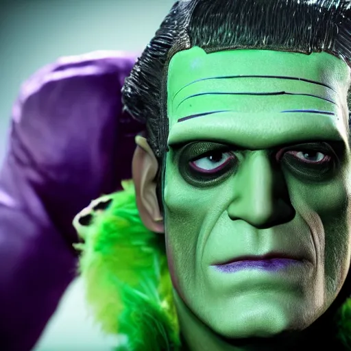 Prompt: frankenstein in green and purple, detailed skin, shiny jewels, professional make up, elvis hair style, created by the make up artist hungry, photographed by andrew thomas huang, cinematic, expensive visual effects