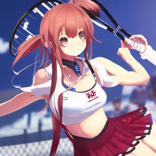 Image similar to taihou_(azur lane) playing tennis, high quality, official arts of azur lane