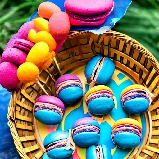 Image similar to A blue jay standing on a large basket of rainbow macarons.