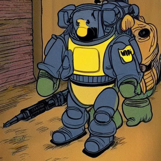 Image similar to winnie the pooh wearing a full suit of space marine power armor and wielding a boltgun