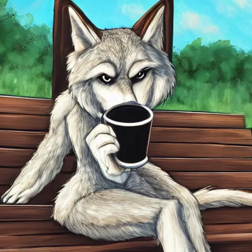 Image similar to furry artwork of female furry wolf sitting on a park bench enjoying a coffee, sunny day, furry art, furry, furaffinity, deviantart furry, anthro,