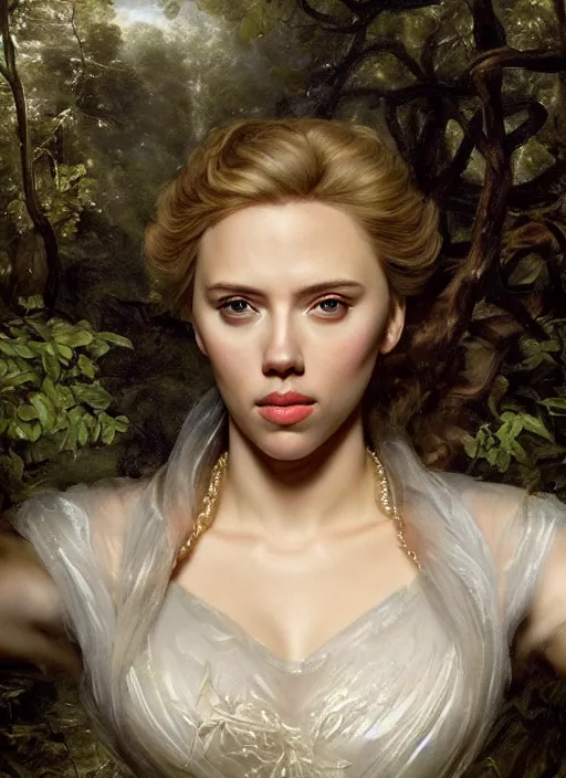 Prompt: Beautiful elsa, Looks like Scarlett Johansson, In the woods, Dramatic, Edge, Good, Infused, Backlight, De-Noise, VFX, insanely detailed and intricate, hypermaximalist, facial ,elegant, ornate, hyper realistic, super detailed, by Anthony Van Dyck, by Ivan Shishkin, by John Constable