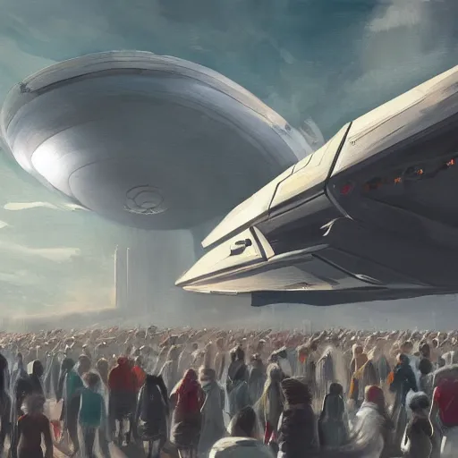 Image similar to thousands of people next to a big spaceship, artstation