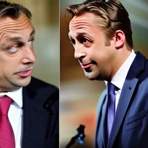 Image similar to Viktor Orban fighting Ryan Gosling
