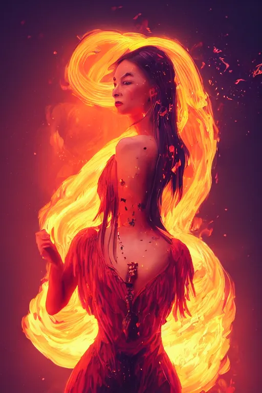 Image similar to A fancy portrait of an attractive women wearing colourful flames by Greg Rutkowski, beeple, Sung Choi, Mitchell Mohrhauser, Maciej Kuciara, Johnson Ting, Maxim Verehin, Peter Konig, final fantasy, macro lens , 8k photorealistic, cinematic lighting, HD, high details, dramatic, dark atmosphere, trending on artstation