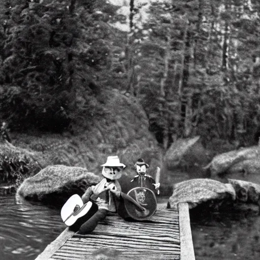 Prompt: Snufkin and Moomin are sitting on a bridge over a river in moominvalley and playing the harmonica, summer day, made of felt and wool, claymation film