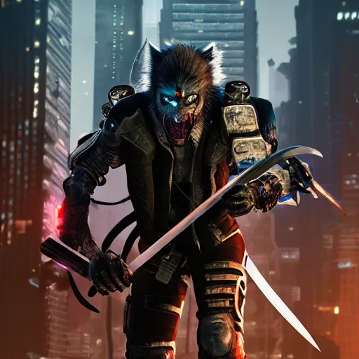 Image similar to cyberpunk wolfman holding a katana and jumping into action, tactical armor, action scene screenshot, scifi futuristic character concept, high quality gloss art, unreal engine