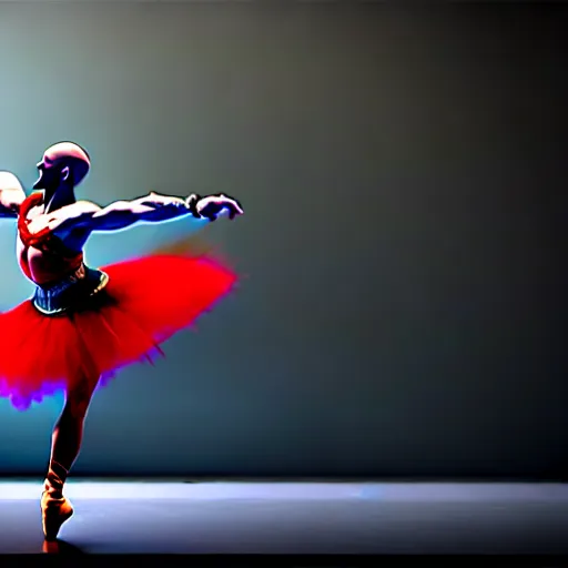 Image similar to kratos dancing ballet, wearing a tutu, ultra realistic, intricate details, highly detailed, photorealistic, octane render, 8 k, unreal engine.