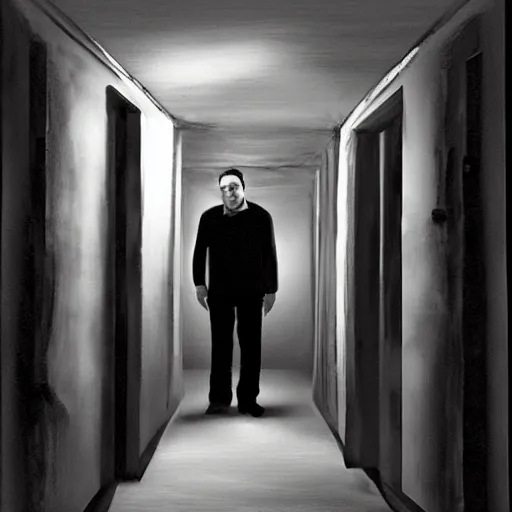 Image similar to Ted Cruz with a wide grin wielding a chainsaw peaking through a door in the distance at the end of a narrow corridor, black and white, creepy lighting, scary, horror, ornate, eerie, fear, oil painting