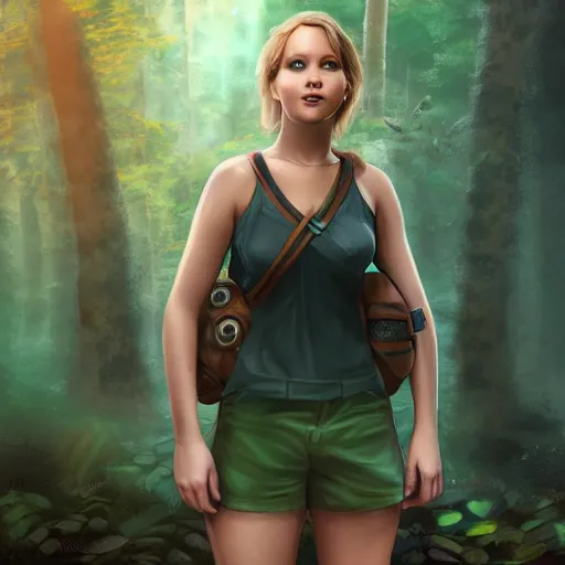 Prompt: a portrait of jennifer lawrence as a pokemon trainer, in a dark forest, extremely detailed digital art, trending on artstation hyper realistic matte painting, by wlop, art germ