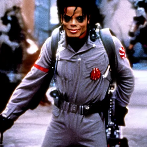 Image similar to stunning awe inspiring michael jackson as a ghostbuster in the movie ghostbusters, movie still 8 k hdr atmospheric lighting