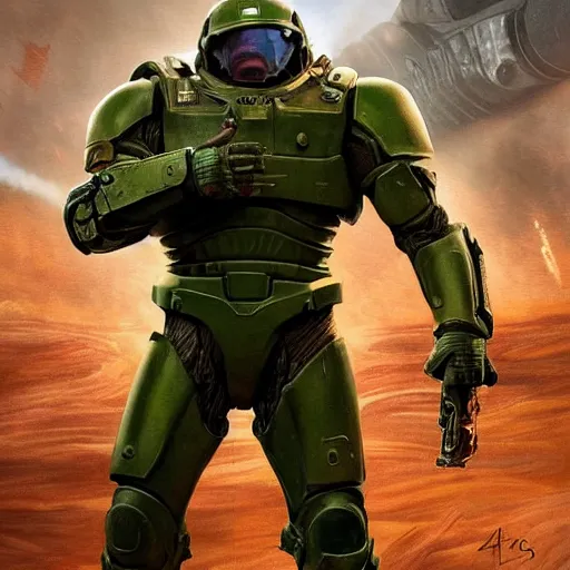 Image similar to Alan Ritchson as doomguy, artstation hall of fame gallery, editors choice, #1 digital painting of all time, most beautiful image ever created, emotionally evocative, greatest art ever made, lifetime achievement magnum opus masterpiece, the most amazing breathtaking image with the deepest message ever painted, a thing of beauty beyond imagination or words, 4k, highly detailed, cinematic lighting