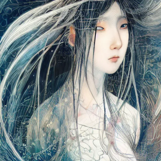 Image similar to yoshitaka amano blurred and dreamy realistic illustration of a japanese young woman with black eyes, wavy white hair fluttering in the wind wearing elden ring armor with engraving, abstract patterns in the background, satoshi kon anime, noisy film grain effect, highly detailed, renaissance oil painting, weird portrait angle, blurred lost edges, three quarter view