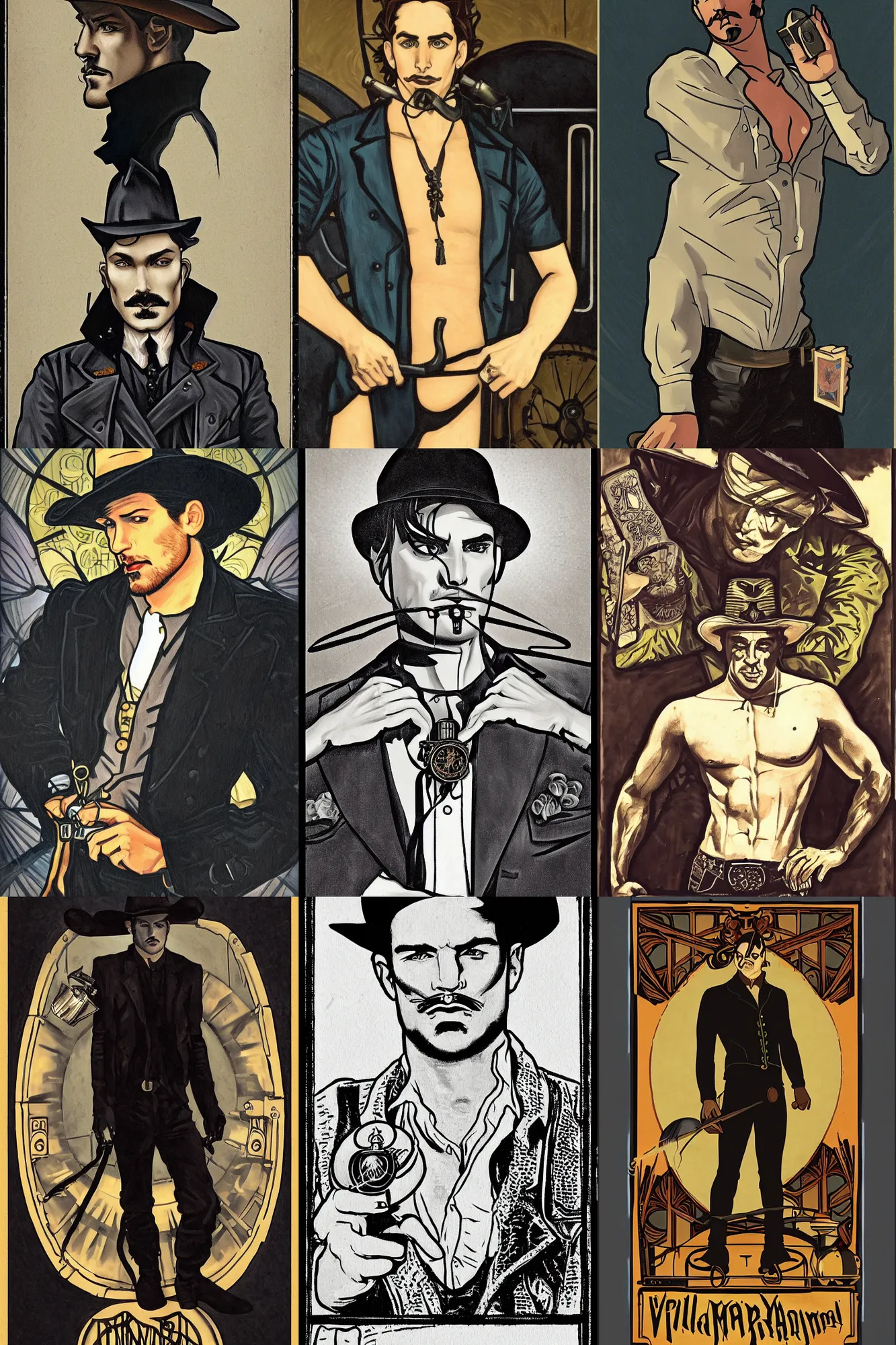 Prompt: a dramatic moody symmetrical painting of a suspicious villainous handsome cowboy holding a pocketwatch | his shirt is unbuttoned | background is the front of a steam train locomotive | tarot card, art deco, art nouveau, homoerotic | by Mark Maggiori and Tom of Finland (((and Alphonse Mucha))) | trending on artstation