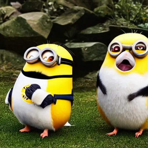 Image similar to a porg and a minion play with each other.