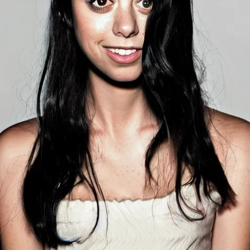 Image similar to a girl with long black hair, her face is a mix between aubrey plaza, krysten ritter and sarah hyland