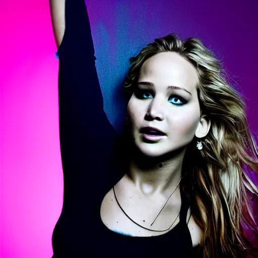 Prompt: photoshoot of Jennifer Lawrence, blue and pink lighting, professional photography,