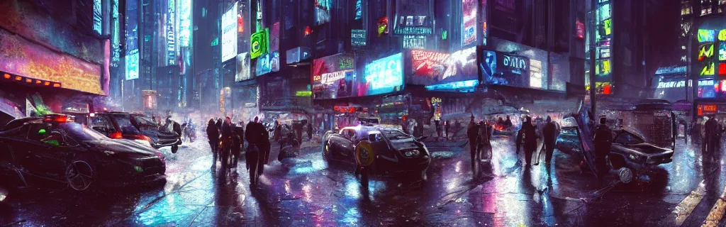 Prompt: a busy cyberpunk street marketplace with a heavy police presence. night, raining, 8 k, epic cinematic hyperrealism masterpiece. realistic poster with shaded lighting by craig mallismo, artgerm, jeremy lipkin and michael garmash, unreal engine, radiant light, detailed and complex environment, digital art, art station trends, detailed, lens flare, motion blur