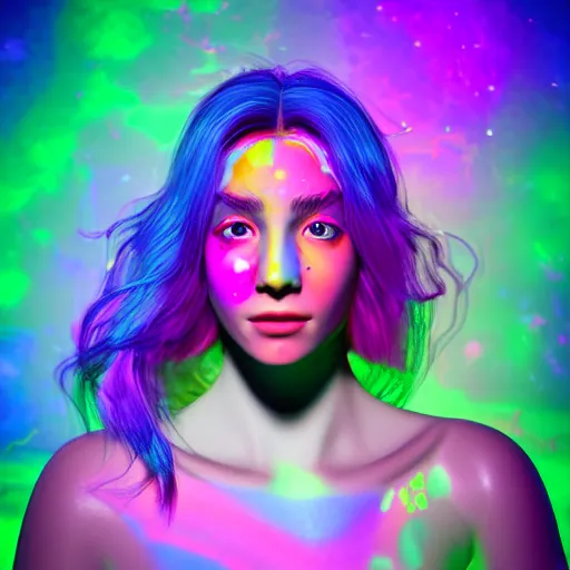 Image similar to A head and shoulders portrait of a Prismatic Spectrum Cosmic Magical Girl from the Rainbow Sky Paradise, full round face, teary eyes, slight smirk, tomorrowland, medium shot, lit by flashing pixel light, fully covered in colorful paint, ambient occlusion, 3D render, glowing neon, unreal engine 5