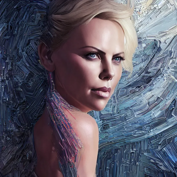 Image similar to charlize theron. intricate abstract. intricate artwork. by tooth wu, wlop, beeple, dan mumford. octane render, trending on artstation, greg rutkowski very coherent symmetrical artwork. cinematic, hyper realism, high detail, octane render, 8 k, iridescent accents. lady deadpool