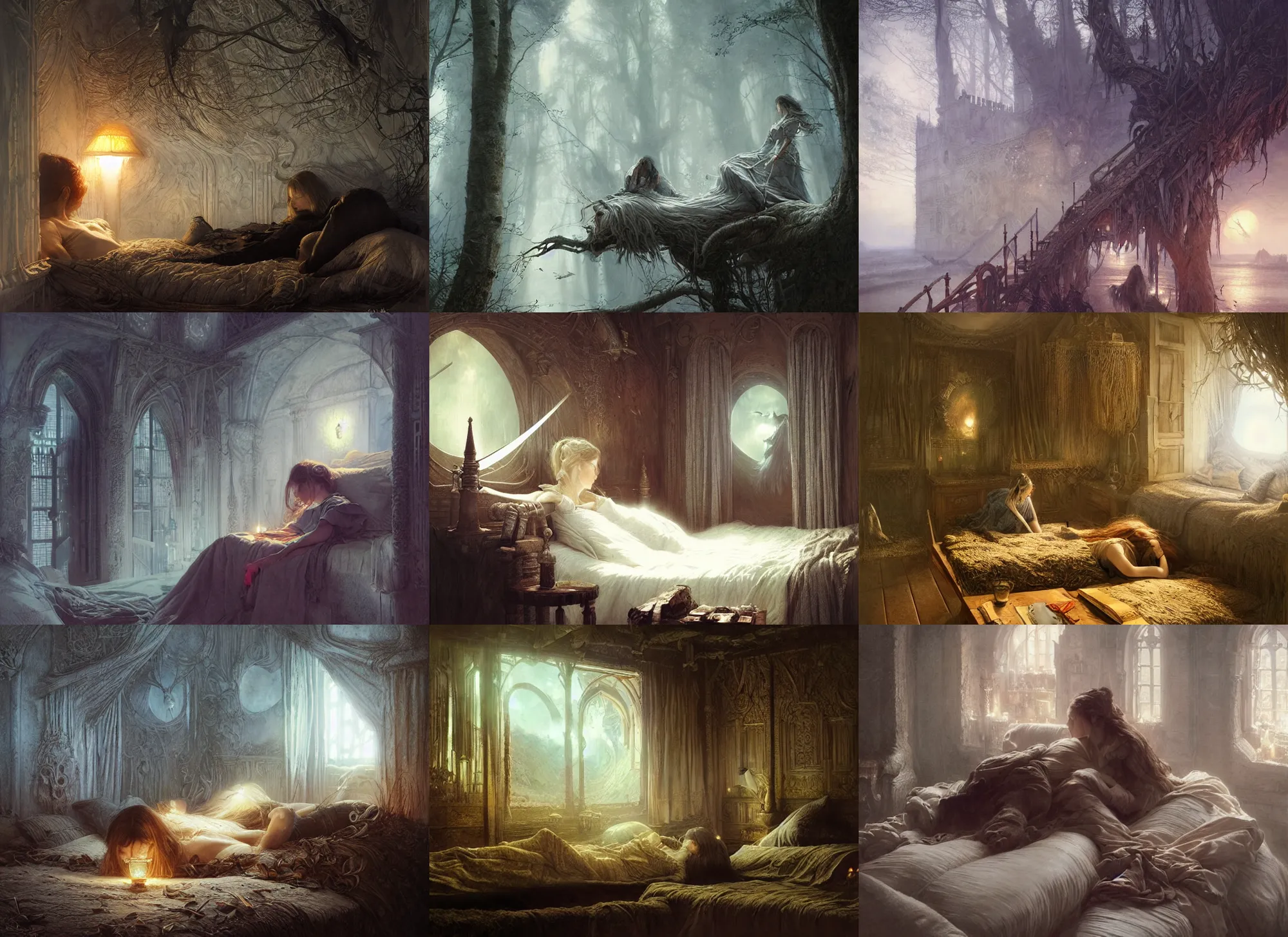 Prompt: a good night's sleep by alan lee, highly detailed, intricate, fantasy, lighting by greg rutkowski, rich vivid color scheme, photorealism, sharp details