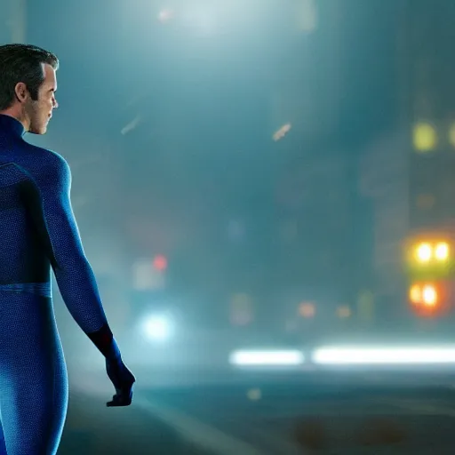 Image similar to ryan reynolds as a black and blue suit spider - man, cinematic, volumetric lighting, f 8 aperture, cinematic eastman 5 3 8 4 film, photorealistic