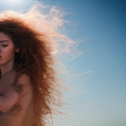 Image similar to filmstill photography of female body covered with curly white translucent blanket blowing in wind, acrylic liquid colors, luxurious supermodel photoshooting, golden jewelry, bokeh, godrays, strong wind, wrinkles, sunrays, sunset, lens flares, cold colors, sand dunes