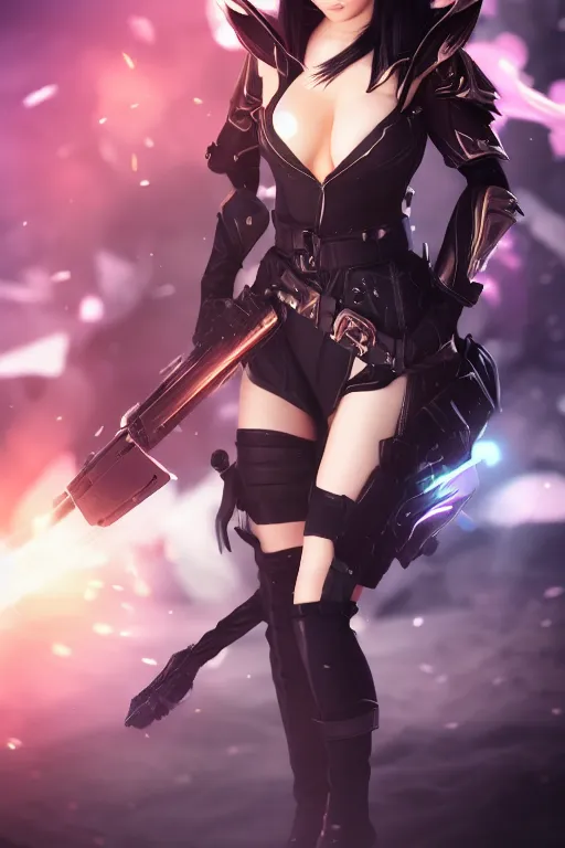 Image similar to Ahri from League of Legends, wearing fully kitted black special ops armor, cell shaded photography, octane render