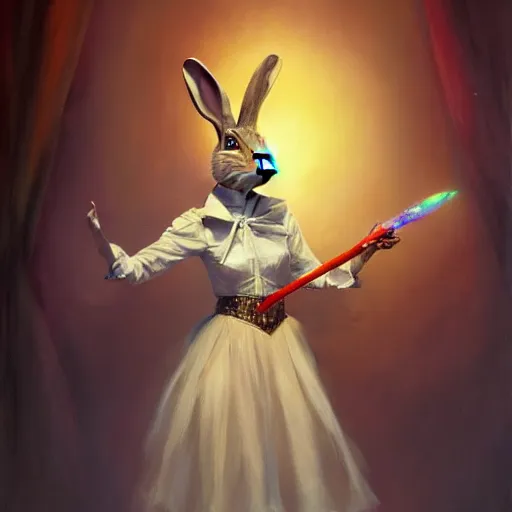 Prompt: oil painting of a rabbit dressed like a female stage magician holding a magic wand, urban fantasy art by seb mckinnon, artstation npc character design, top - rated