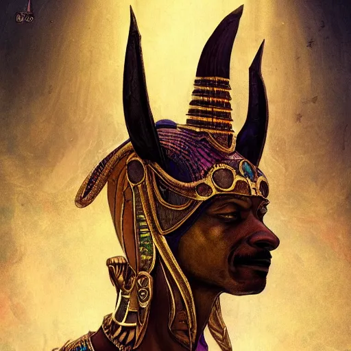 Image similar to Snoop Dogg as the egyptian god Anubis, D&D, fantasy, intricate, cinematic lighting, highly detailed, digital painting, artstation, concept art, smooth, sharp focus, illustration, art by Akihiko Yoshida, Greg Rutkowski and Alphonse Mucha