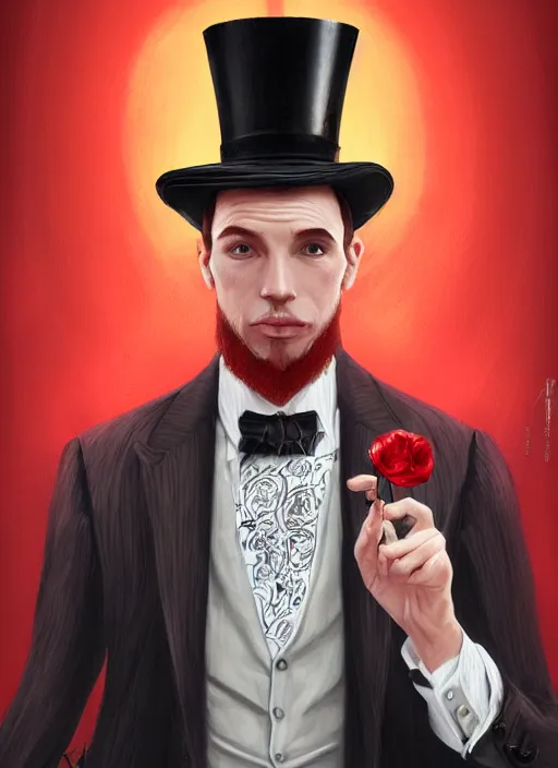 Image similar to a highly detailed illustration of stylish top hat wearing red haired attractive man, wearing suit vest, flashy card trick pose, intricate, elegant, highly detailed, centered, digital painting, artstation, concept art, smooth, sharp focus, league of legends concept art, WLOP