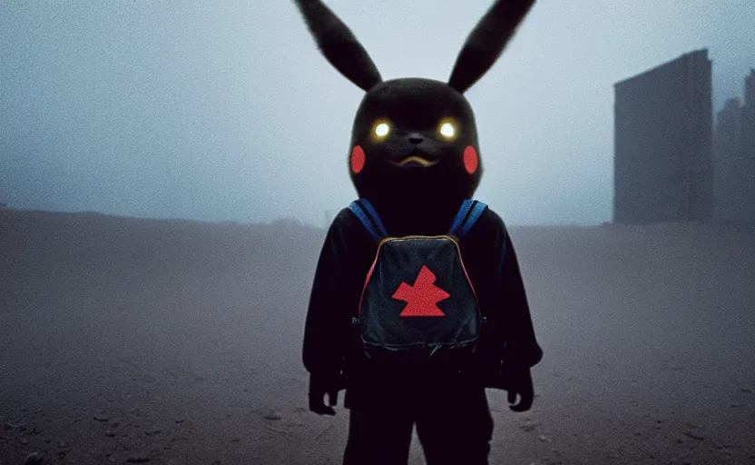 Image similar to cinestill 5 0 d candid photographic portrait by helen levitt of pikachu wearing black rugged techwear on a desolate plain, extreme closeup, modern cyberpunk moody emotional cinematic, dust storm, 8 k, hd, high resolution, 3 5 mm, f / 3 2, ultra realistic faces, detective pikachu ( 2 0 1 9 )