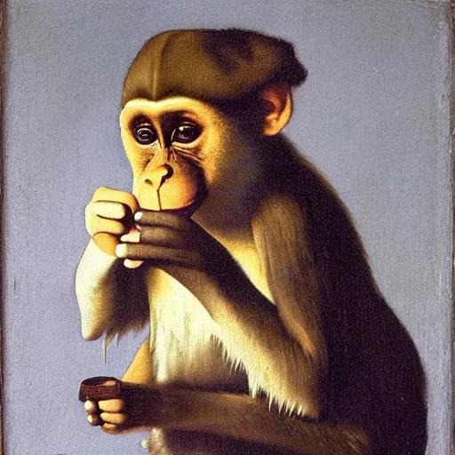 Image similar to Monkey with a cigar in his mouth and smoke coming out, oil on canvas, by Johannes Vermeer