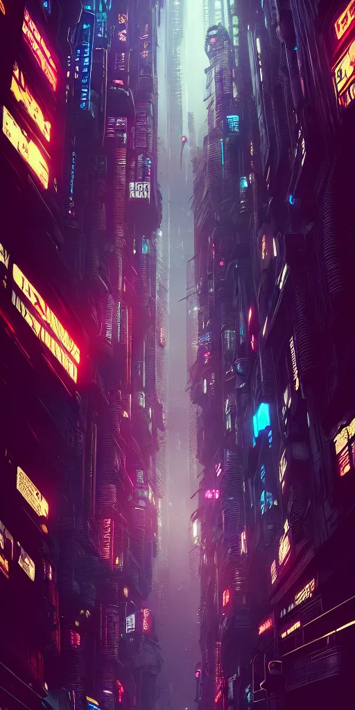 Prompt: low angle, epic cyberpunk cityscape :: blade runner, James Guilleard, beeple ,laurie greasley, dan mcpharlin :: ornate, dynamic, particulate, rich colors, intricate, elegant, highly detailed, centered, artstation, smooth, sharp focus, octane render, 3d